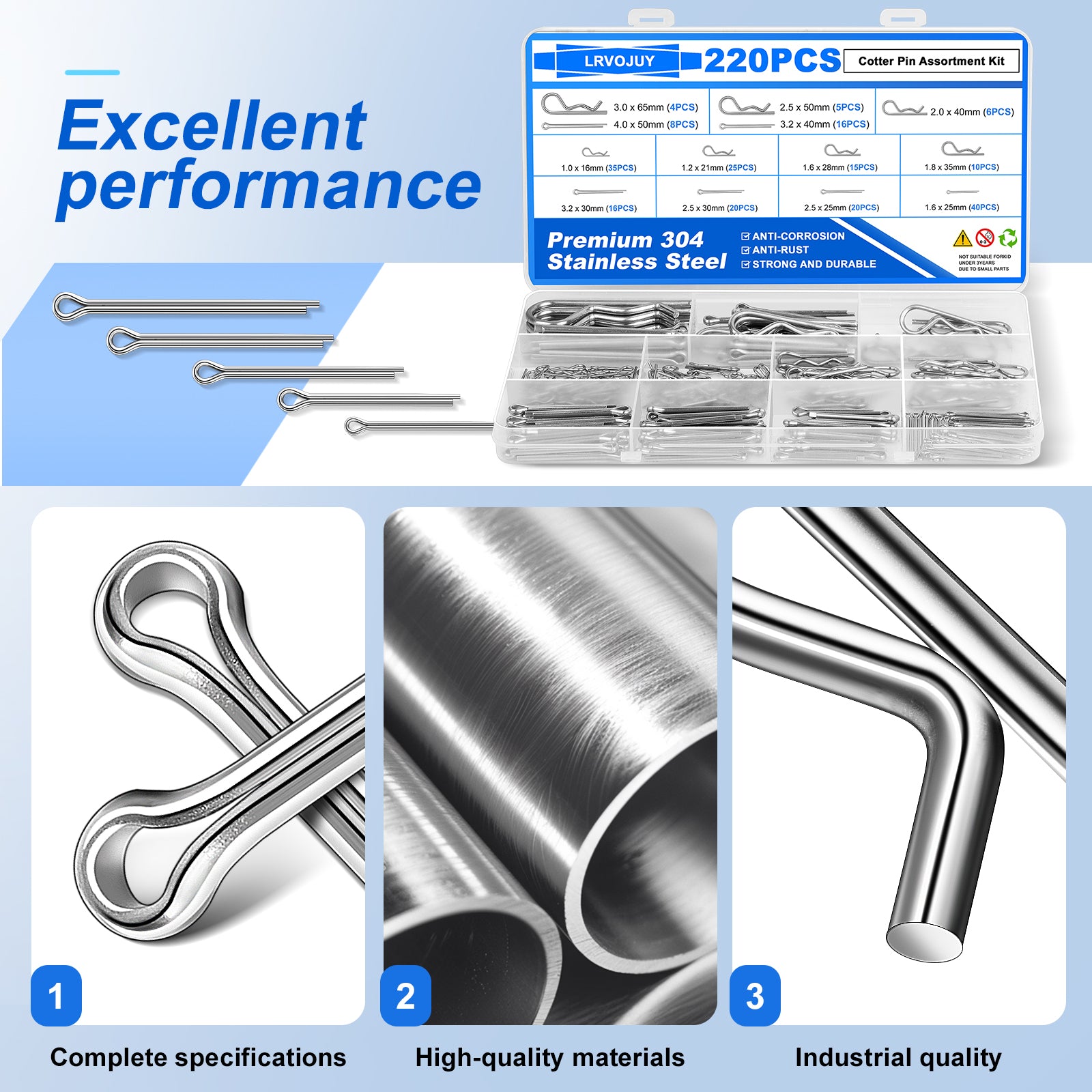 Cotter Pin Assortment Kit, 220PCS Cotter Pins 13 Sizes Premium 304 Stainless Steel Heavy Duty R Clips & Hairpin Split Pin Set, Hardware Pins for Automotive, Trailer, Pin Lock System